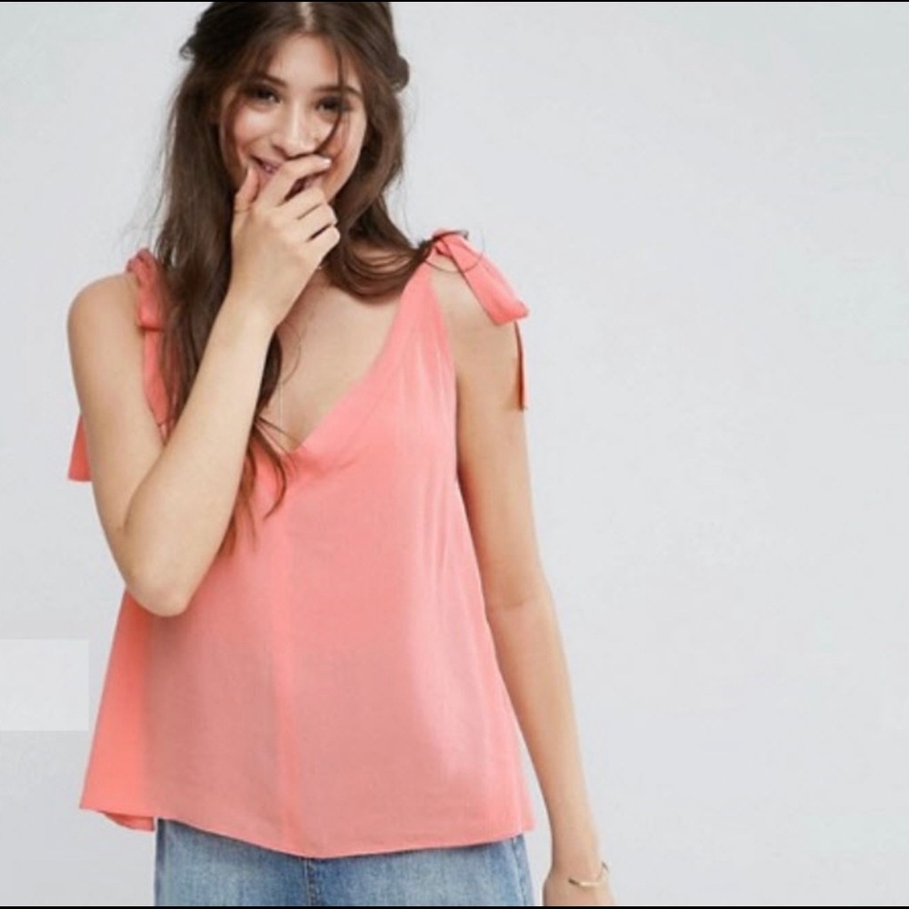 ASOS Coral Pink Crepe Boho Shoulder Tie Tank Top NWT - Picture 2 of 4
